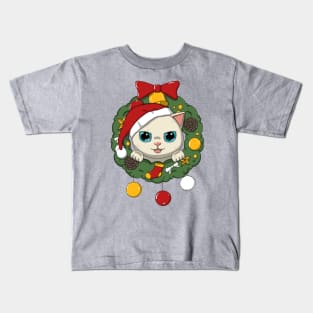 Cute Cat In Christmas Wreath Kids T-Shirt